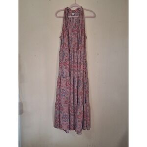 Boemo Pink Paisley Floral Tiered Maxi Dress Halter Neck XL R4592 Boho Sleeveless